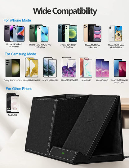 Pen Holder with Wireless Charger, Compatible with Iphone 17/16/15/14/13/12/11/8 Series, Pencil Holder Phone Stand for Desk Home Office, Men Gift Husband Wife Anniversary Dad Birthday Idea Gadget